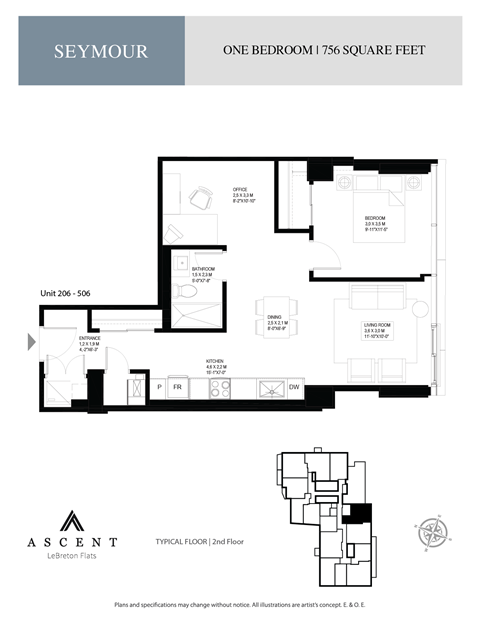 Floor plan for 1 bed, 1 bath, 744 sqft